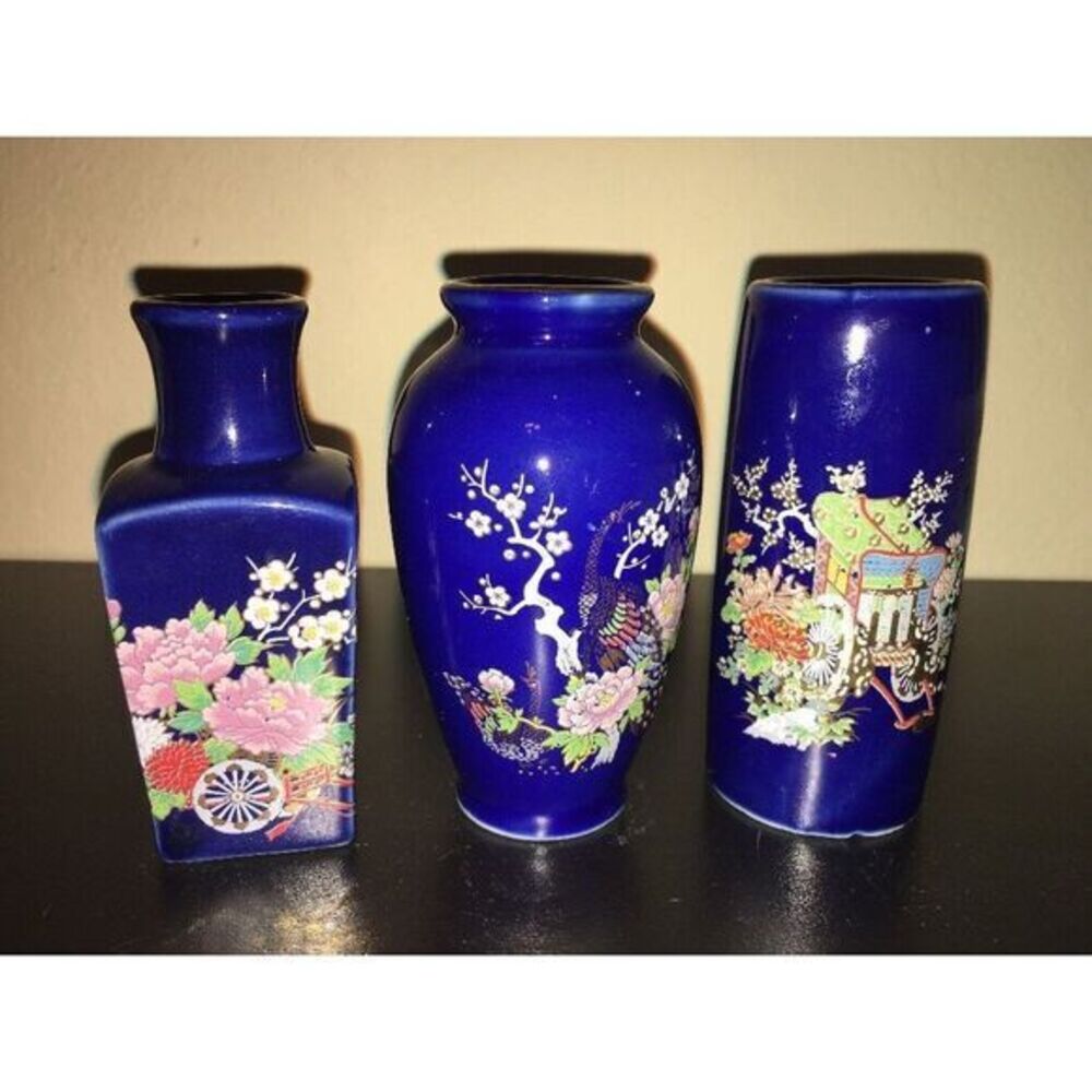 Set of 3 Dark Blue Japanese Ceramic Glazed Pottery Mini Vase/Pot for Flower Buds
